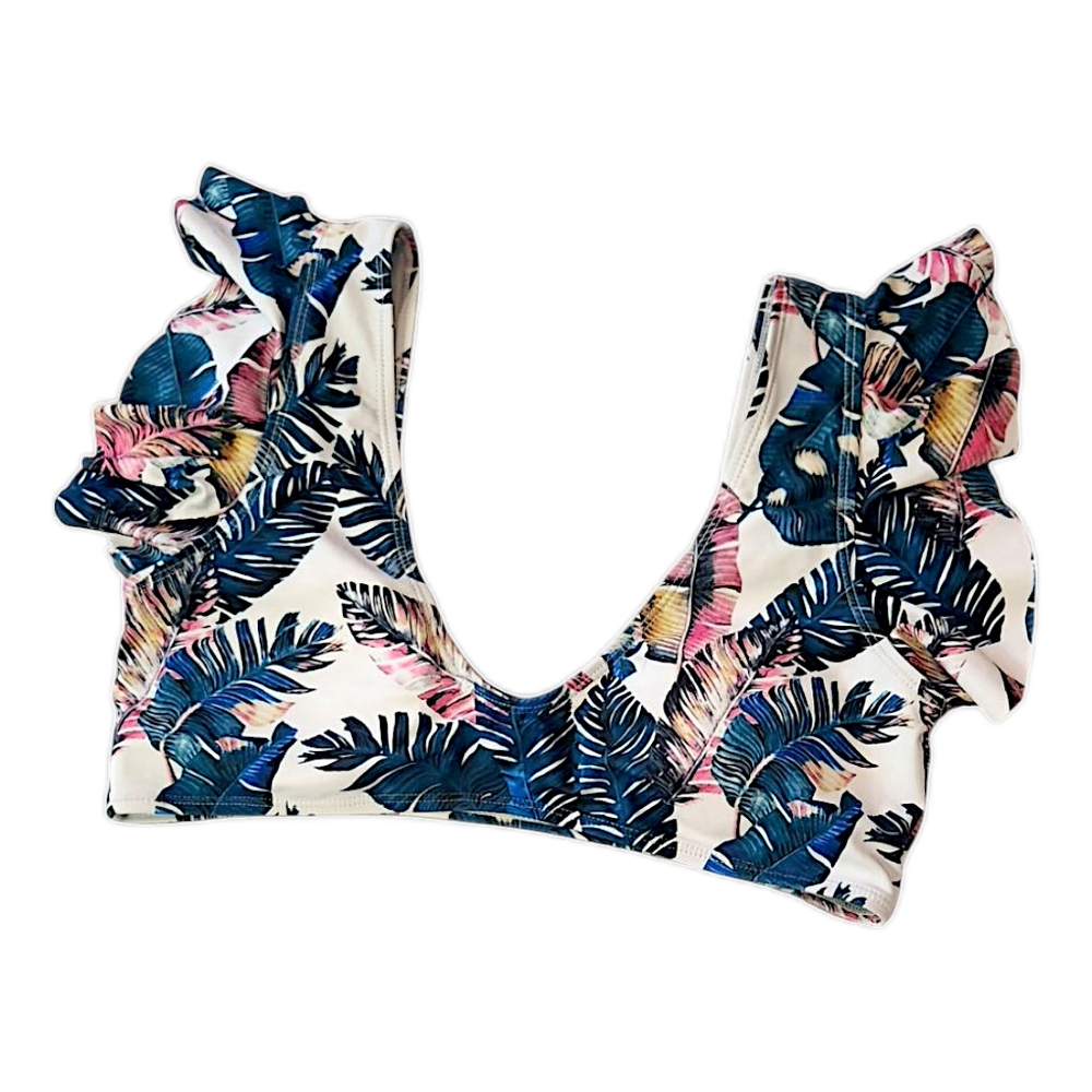 Tropical Leaf Print Low V Neck Bikini Top